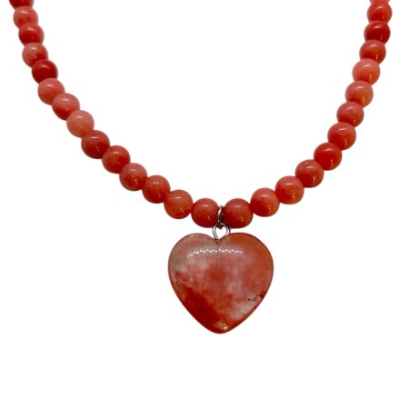 necklace pink beads natural stone and pink heart